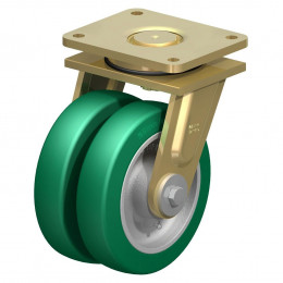 Dobbelt sværlasthjul med polyurethanbane og støbejernsfælg.